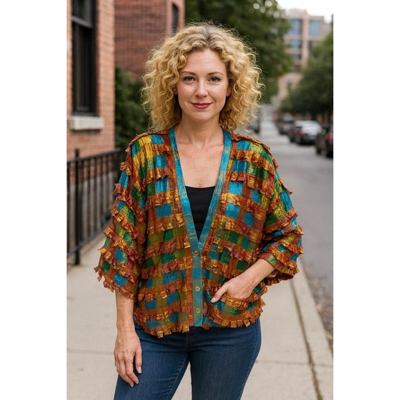 Paula Sweet Muslin Mink Jacket Multicolor Plaid Womens Size L Ruffle Art To Wear